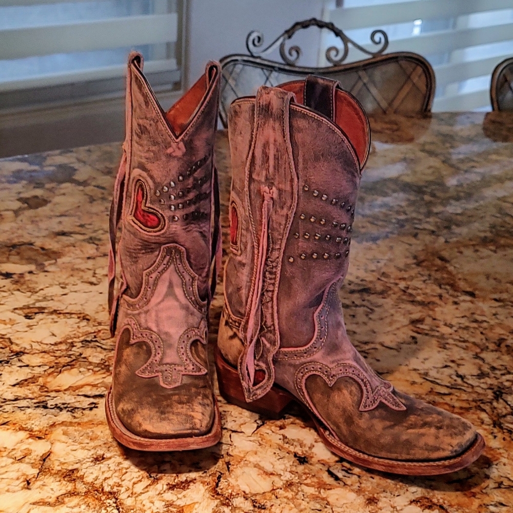 Dan Post Distressed Brown Leather Studded Western Heeled Boots - Picture 13 of 14
